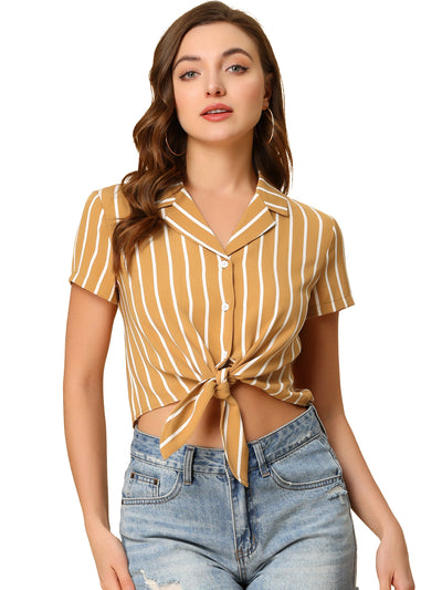 Striped Button Up Lapel Collar Top Short Sleeve Tie Front Crop Shirt