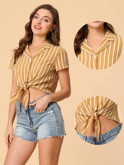 Striped Button Up Lapel Collar Top Short Sleeve Tie Front Crop Shirt