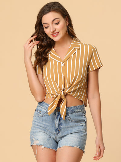 Striped Button Up Lapel Collar Top Short Sleeve Tie Front Crop Shirt