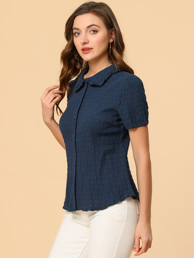 Peter Pan Collar Short Sleeves Textured Button Down Blouse