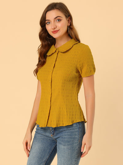 Peter Pan Collar Short Sleeves Textured Button Down Blouse