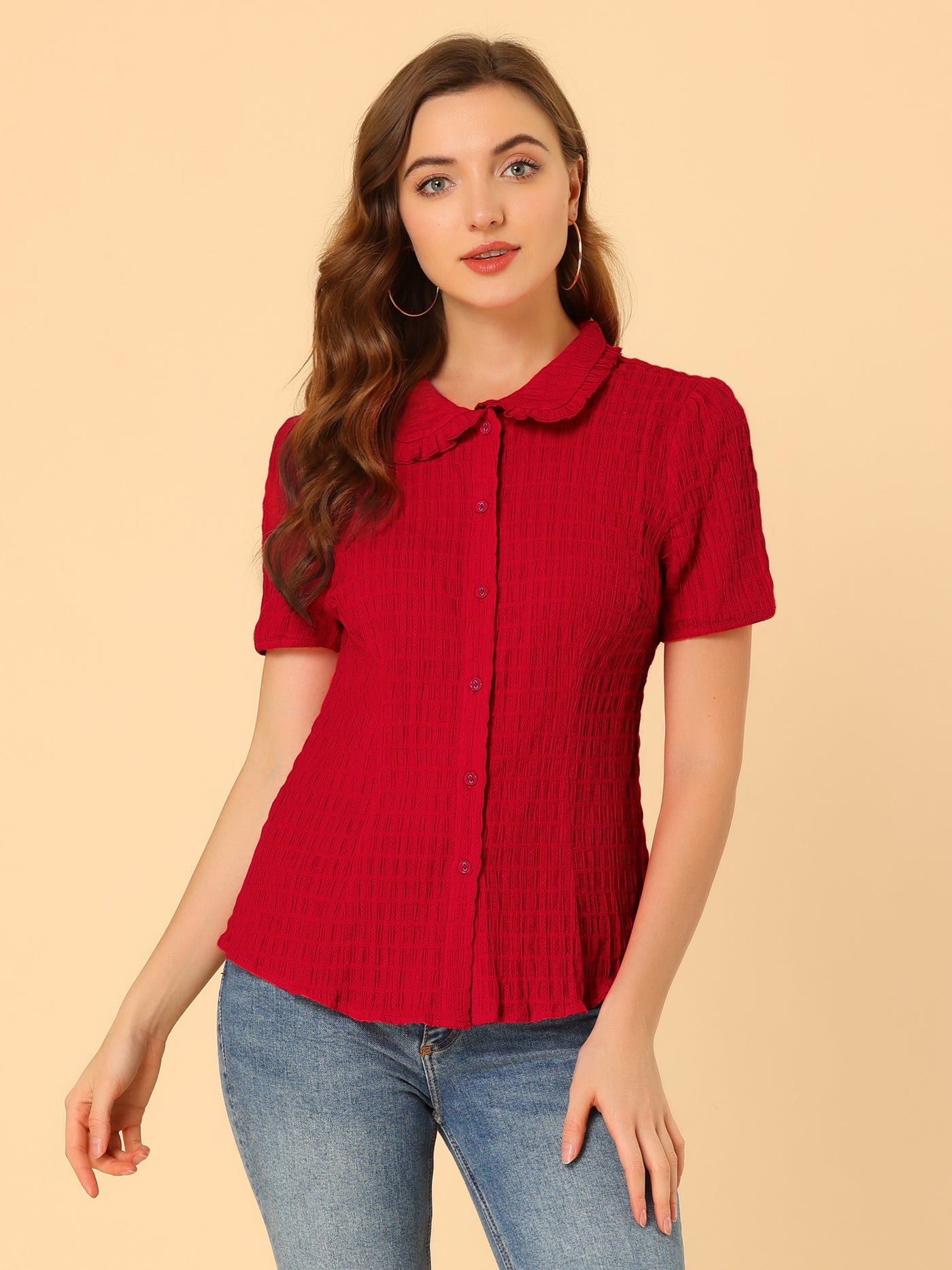 Allegra K Peter Pan Collar Short Sleeves Textured Button Down Blouse