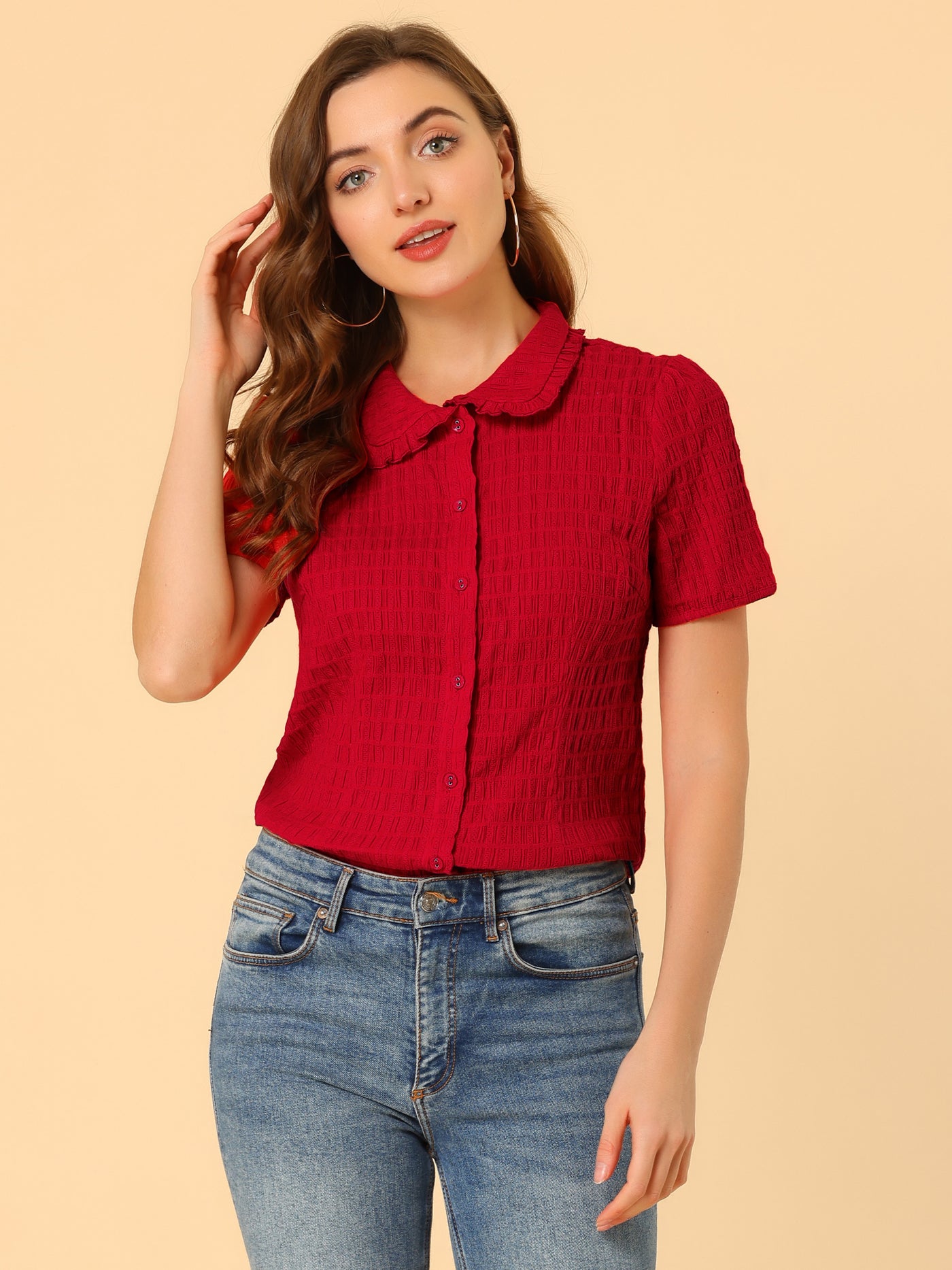 Allegra K Peter Pan Collar Short Sleeves Textured Button Down Blouse