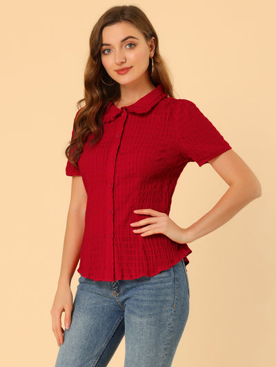 Peter Pan Collar Short Sleeves Textured Button Down Blouse