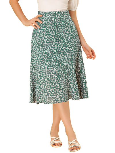 Floral Peasant Elastic Waist A-Line Ditsy Leave Midi Skirt