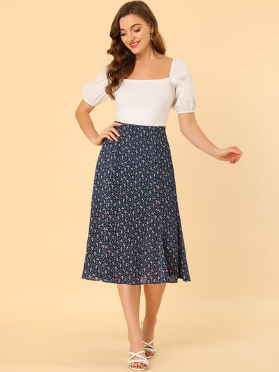 Floral Peasant Elastic Waist A-Line Ditsy Leave Midi Skirt