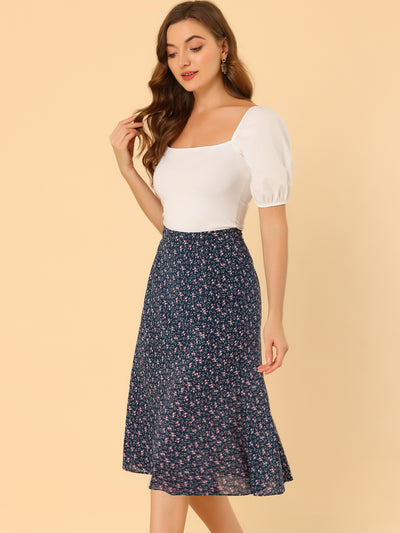 Floral Peasant Elastic Waist A-Line Ditsy Leave Midi Skirt