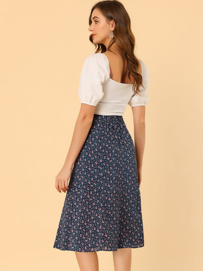 Floral Peasant Elastic Waist A-Line Ditsy Leave Midi Skirt