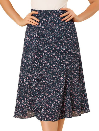 Floral Peasant Elastic Waist A-Line Ditsy Leave Midi Skirt