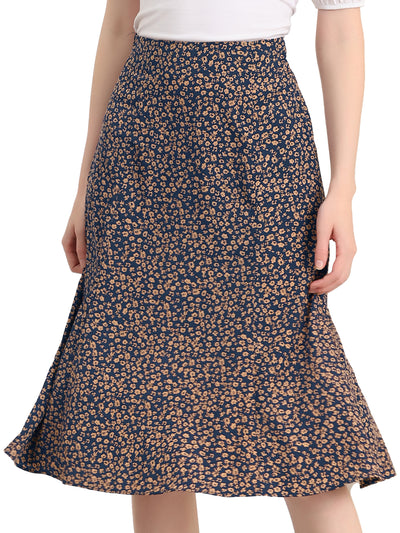 Floral Peasant Elastic Waist A-Line Ditsy Leave Midi Skirt