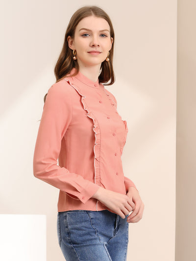 Women's Ruffle Front Shirts Long Sleeve Stand Collar Button Down Fitted Work Office Tops