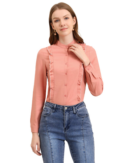 Women's Ruffle Front Shirts Long Sleeve Stand Collar Button Down Fitted Work Office Tops