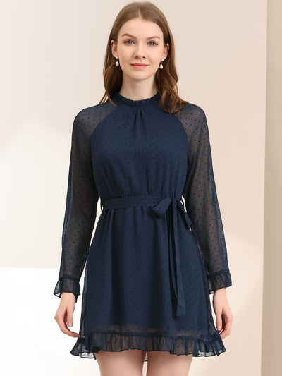 Ruffle Hem Polka Dot Belted Bell Sleeve Chiffon Dress