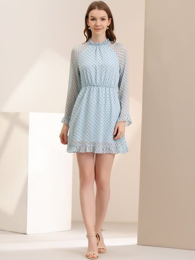 Ruffle Hem Polka Dot Belted Bell Sleeve Chiffon Dress