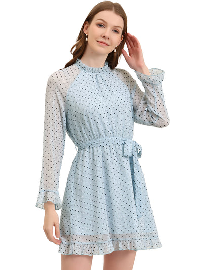 Ruffle Hem Polka Dot Belted Bell Sleeve Chiffon Dress