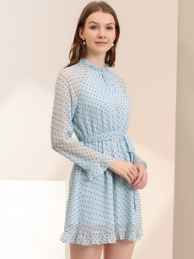 Ruffle Hem Polka Dot Belted Bell Sleeve Chiffon Dress