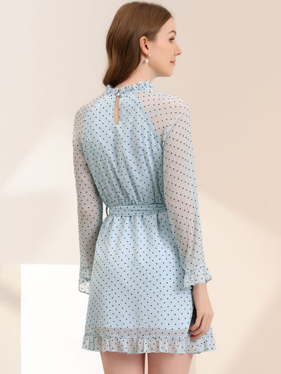 Ruffle Hem Polka Dot Belted Bell Sleeve Chiffon Dress