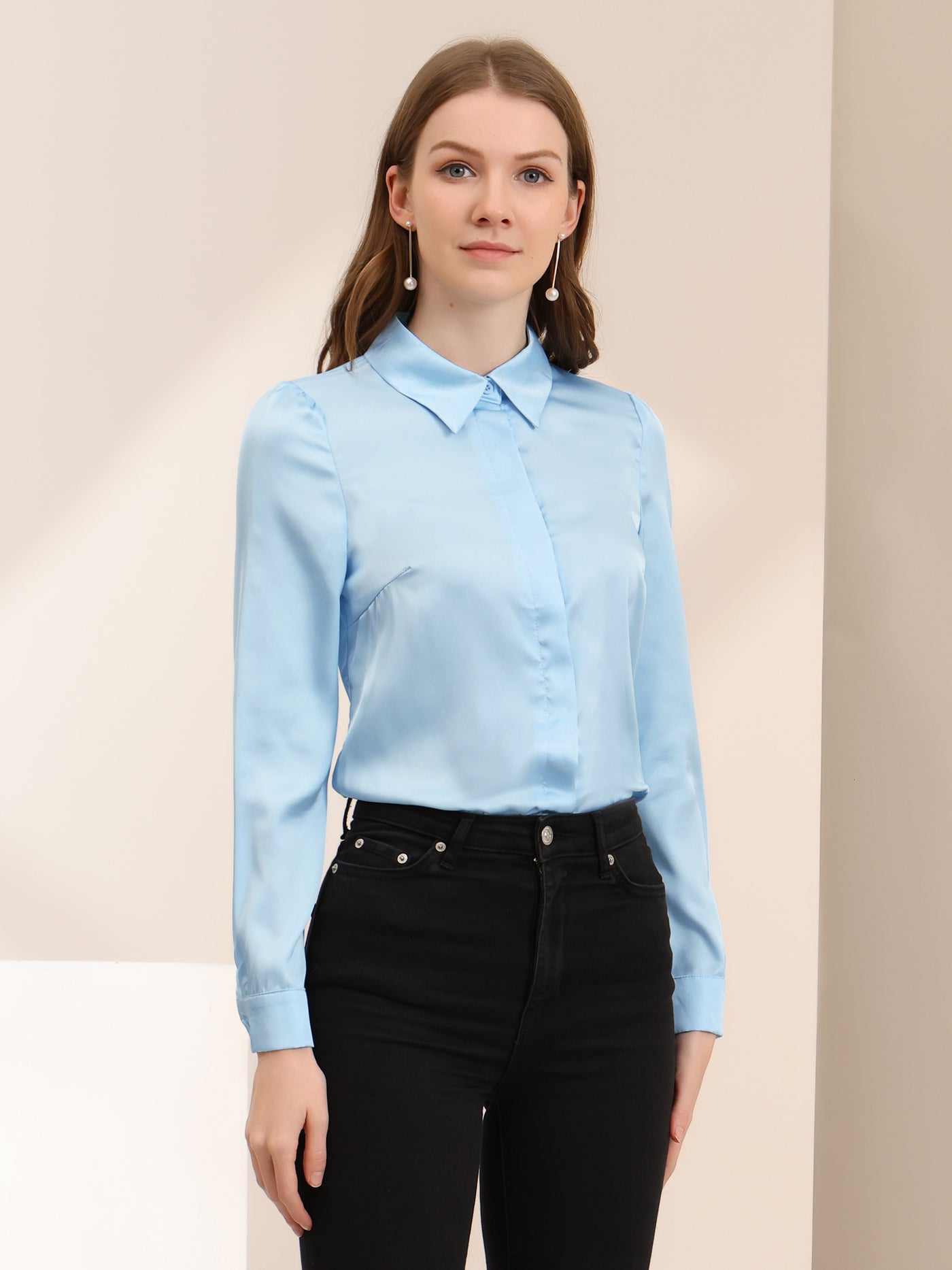 Allegra K Satin Classic Collared Professional Long Sleeve Button-up Shirt