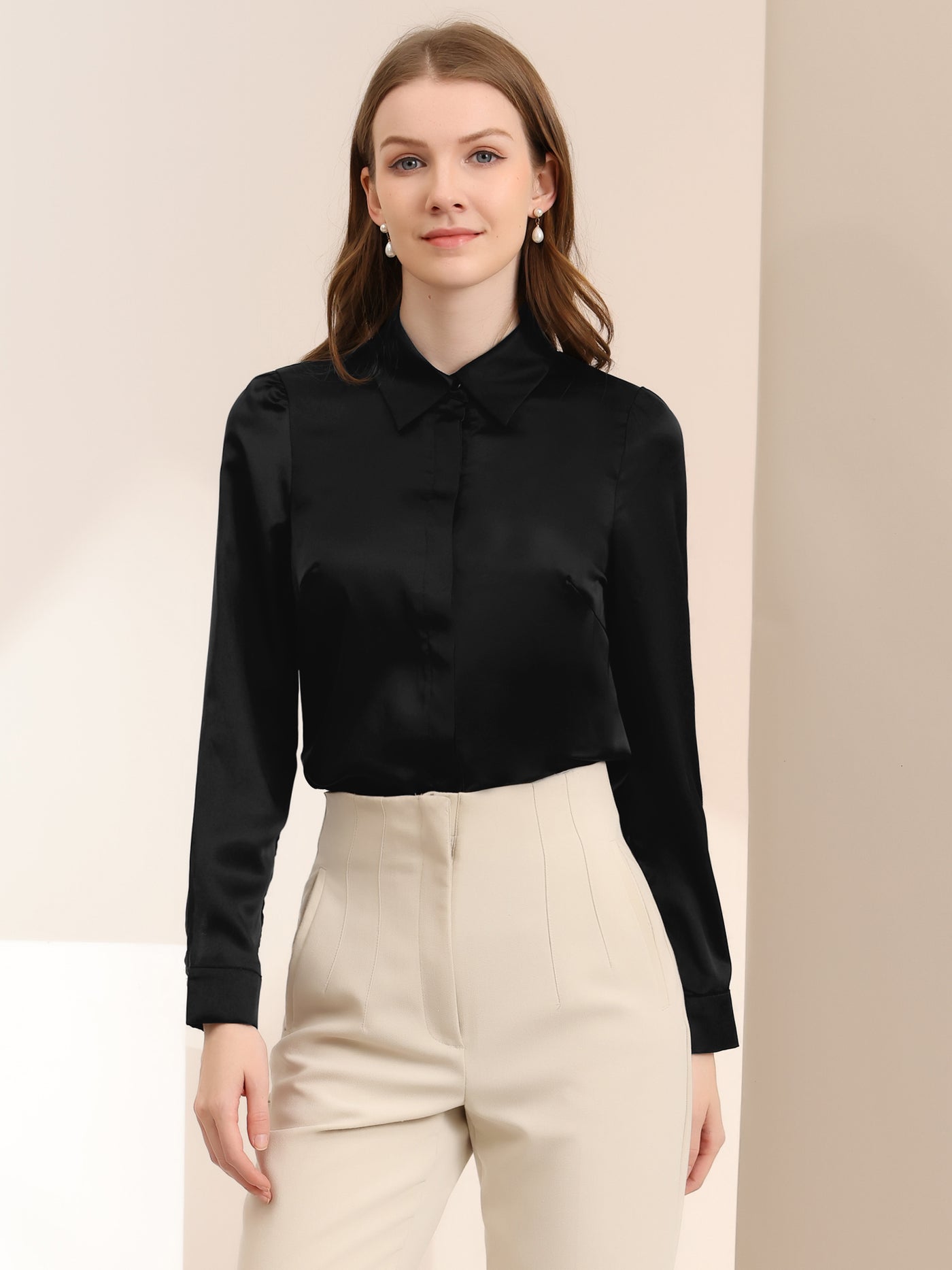 Allegra K Satin Classic Collared Professional Long Sleeve Button-up Shirt