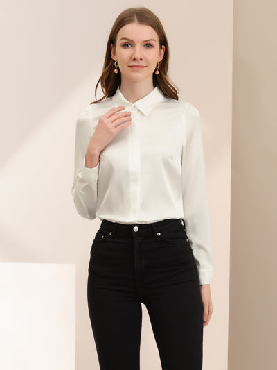 Satin Classic Collared Professional Long Sleeve Button-up Shirt