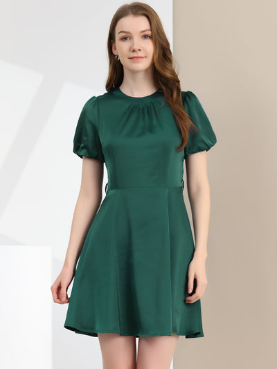 Elegant Pleated Neck Short Sleeve Belted Fit and Flare Satin Dress