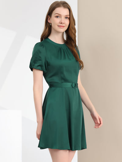 Elegant Pleated Neck Short Sleeve Belted Fit and Flare Satin Dress