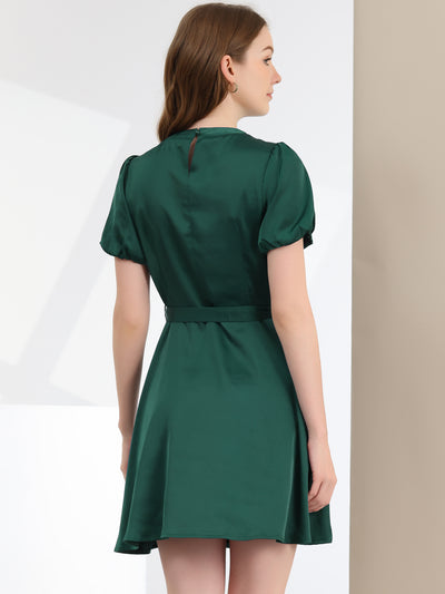 Elegant Pleated Neck Short Sleeve Belted Fit and Flare Satin Dress