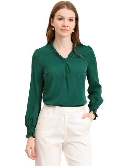 Work Shirt Ruffled V Neck Long Sleeve Workwear Solid Blouse