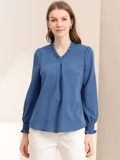 Work Shirt Ruffled V Neck Long Sleeve Workwear Solid Blouse