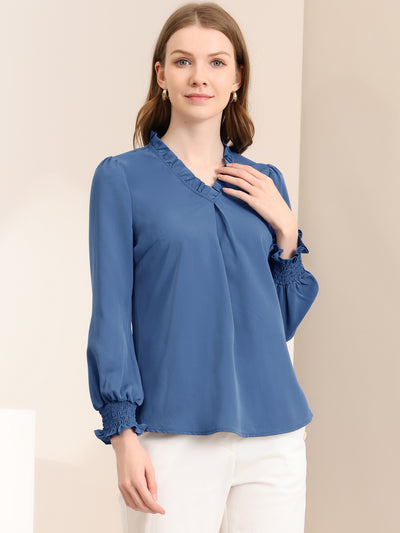 Work Shirt Ruffled V Neck Long Sleeve Workwear Solid Blouse