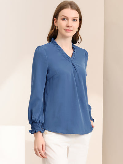 Work Shirt Ruffled V Neck Long Sleeve Workwear Solid Blouse