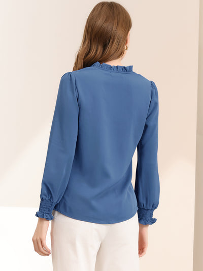 Work Shirt Ruffled V Neck Long Sleeve Workwear Solid Blouse