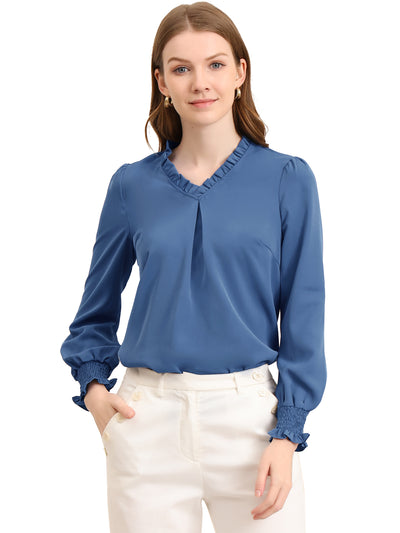 Work Shirt Ruffled V Neck Long Sleeve Workwear Solid Blouse