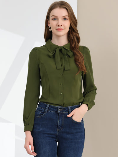 Peter Pan Collar Chiffon Bow Tie Neck Puff Sleeve Button Blouse