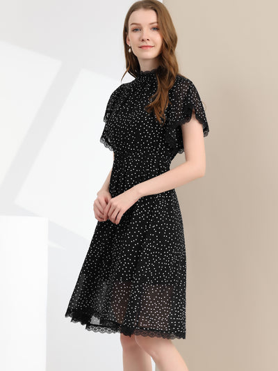 Polka Dot Lace Ruffle Neck Flutter Short Sleeve Midi Dress