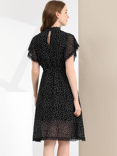 Polka Dot Lace Ruffle Neck Flutter Short Sleeve Midi Dress