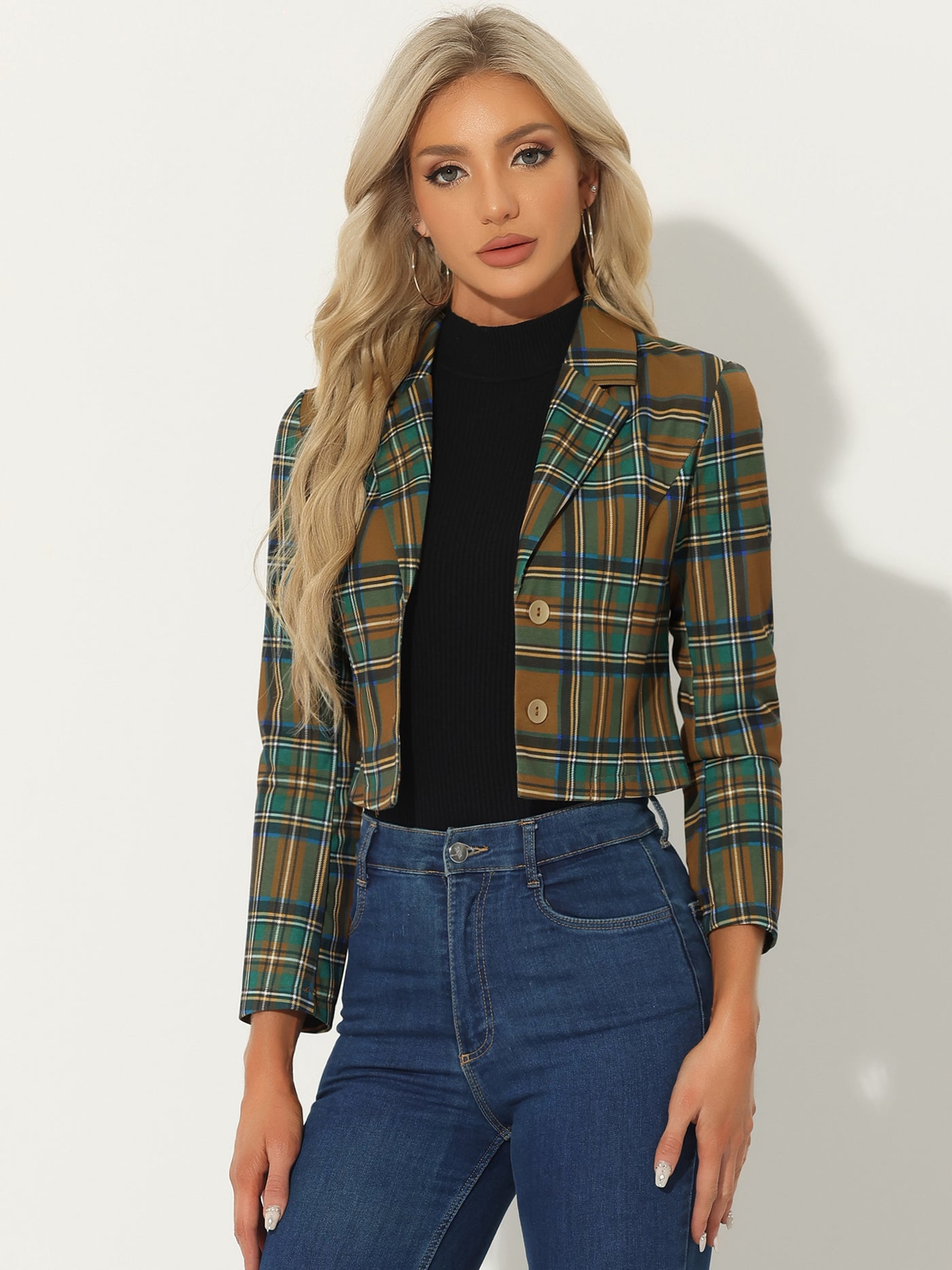 Allegra K Notched Lapel Stretch Plaid Preppy Tartan Crop Blazer