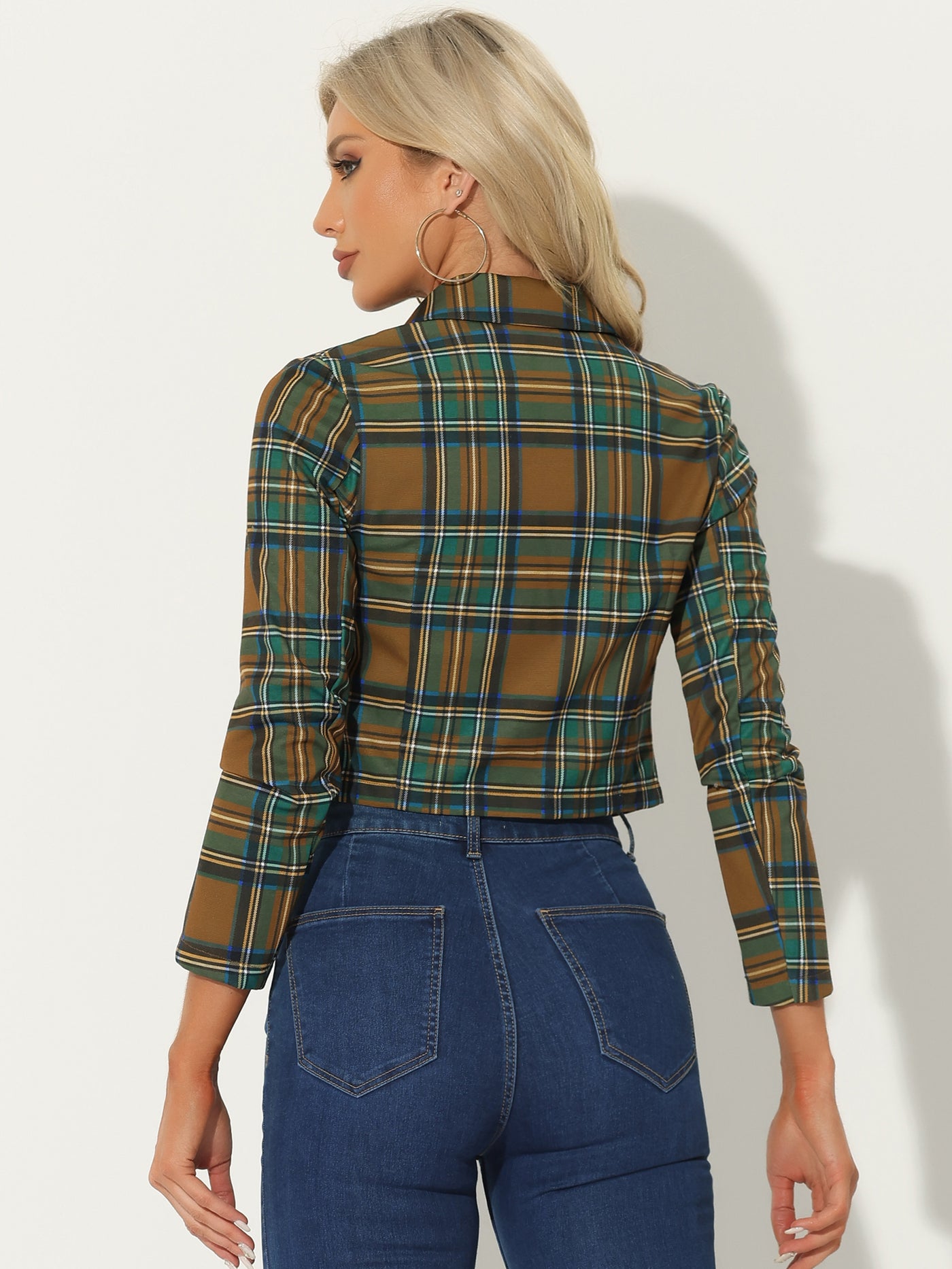 Allegra K Notched Lapel Stretch Plaid Preppy Tartan Crop Blazer