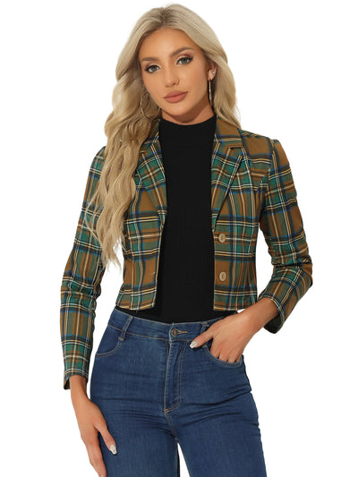 Notched Lapel Stretch Plaid Preppy Tartan Crop Blazer