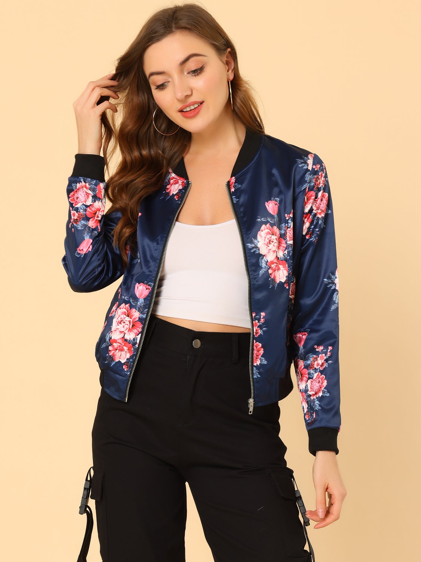 Allegra K Stand Collar Zip Up Floral Print Bomber Jacket