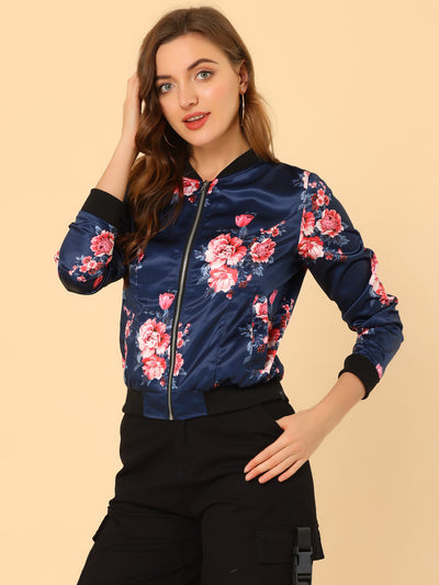 Stand Collar Zip Up Floral Print Bomber Jacket