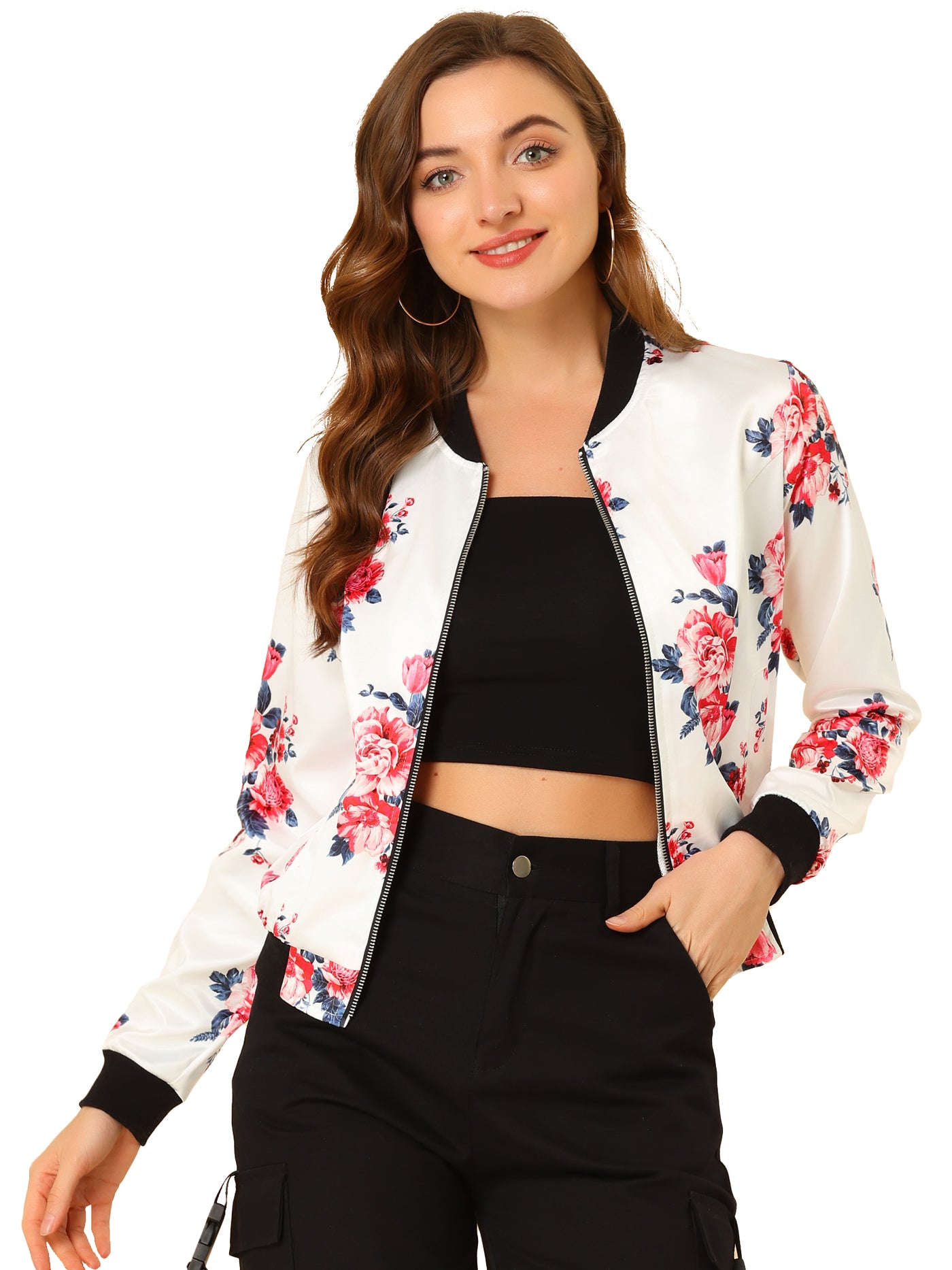 Allegra K Stand Collar Floral Print Zip Up Bomber Jacket