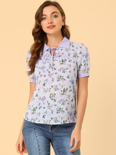 Floral Tops Collar Tie Neck Short Sleeve Chiffon Blouse