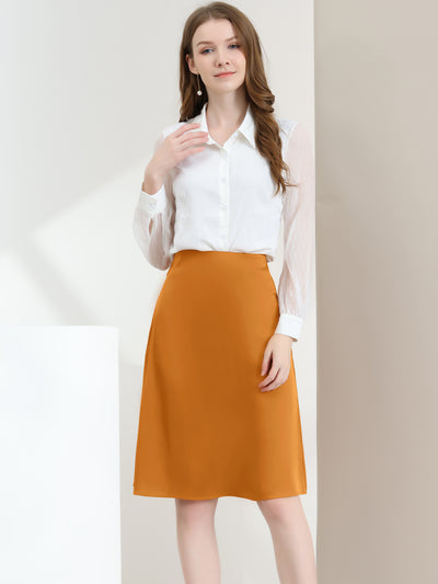 High Wasit Work Office Flared Satin Midi Skirt