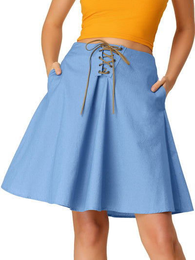 Lace Up Chambray Knee Length Jean Denim Skirt