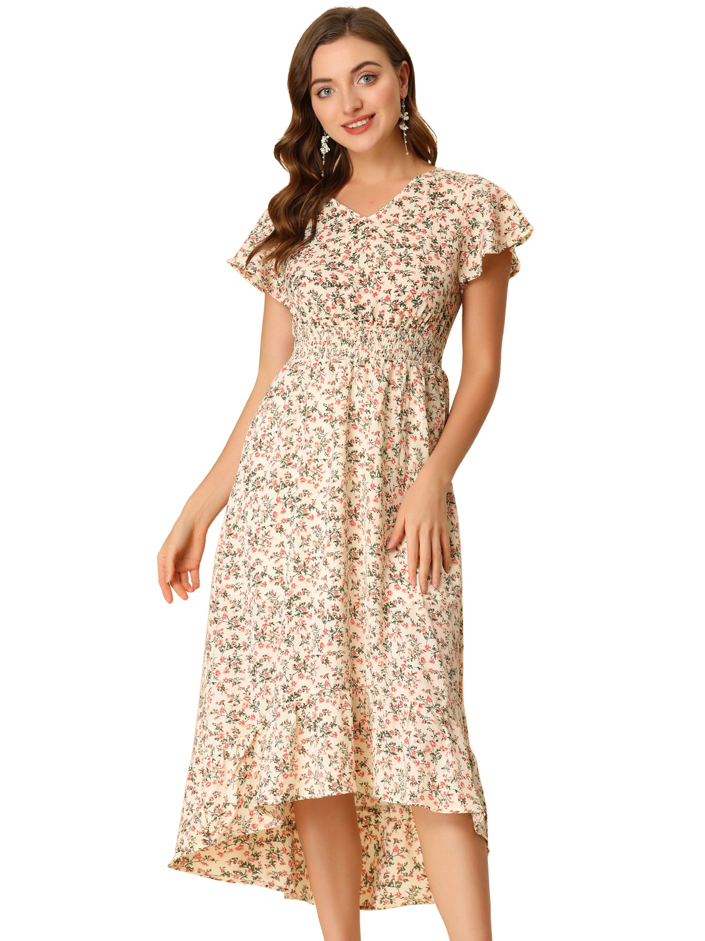 Allegra K Smocked Floral High Low Summer Maxi Dress