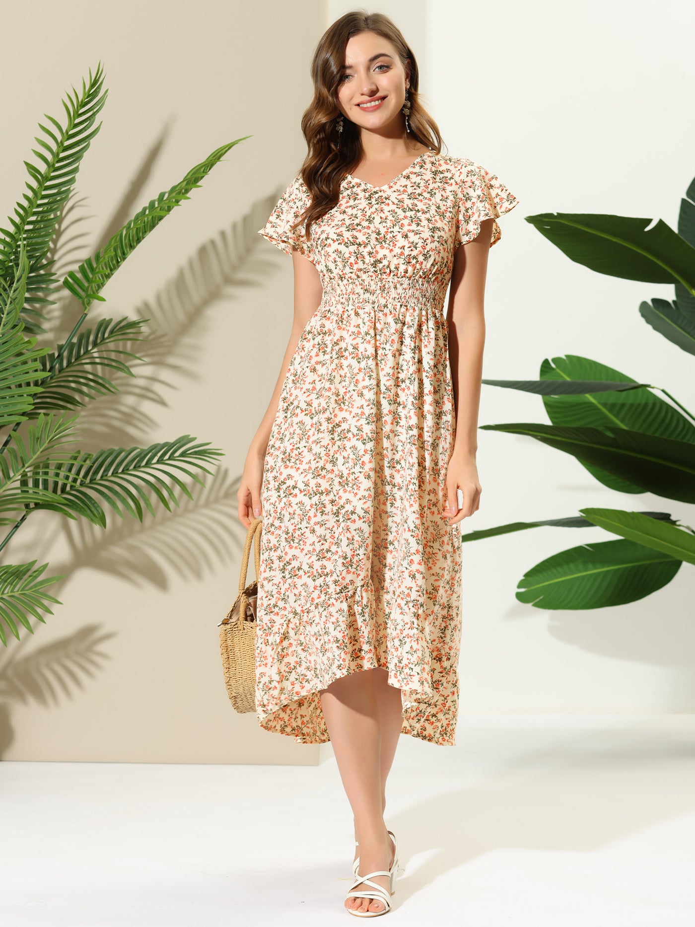 Allegra K Smocked Floral High Low Summer Maxi Dress