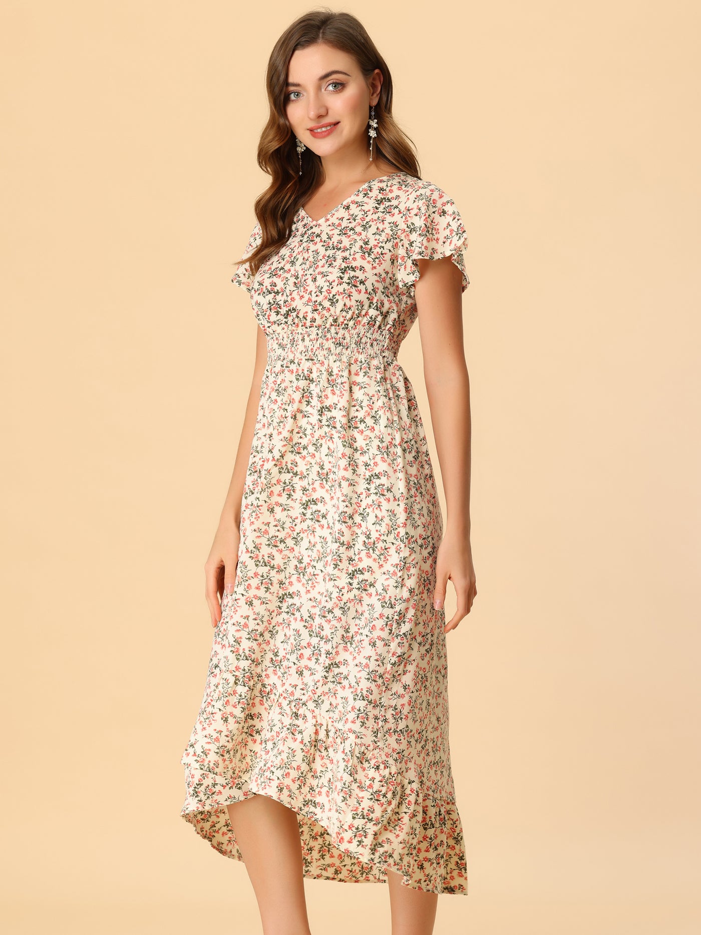 Allegra K Smocked Floral High Low Summer Maxi Dress