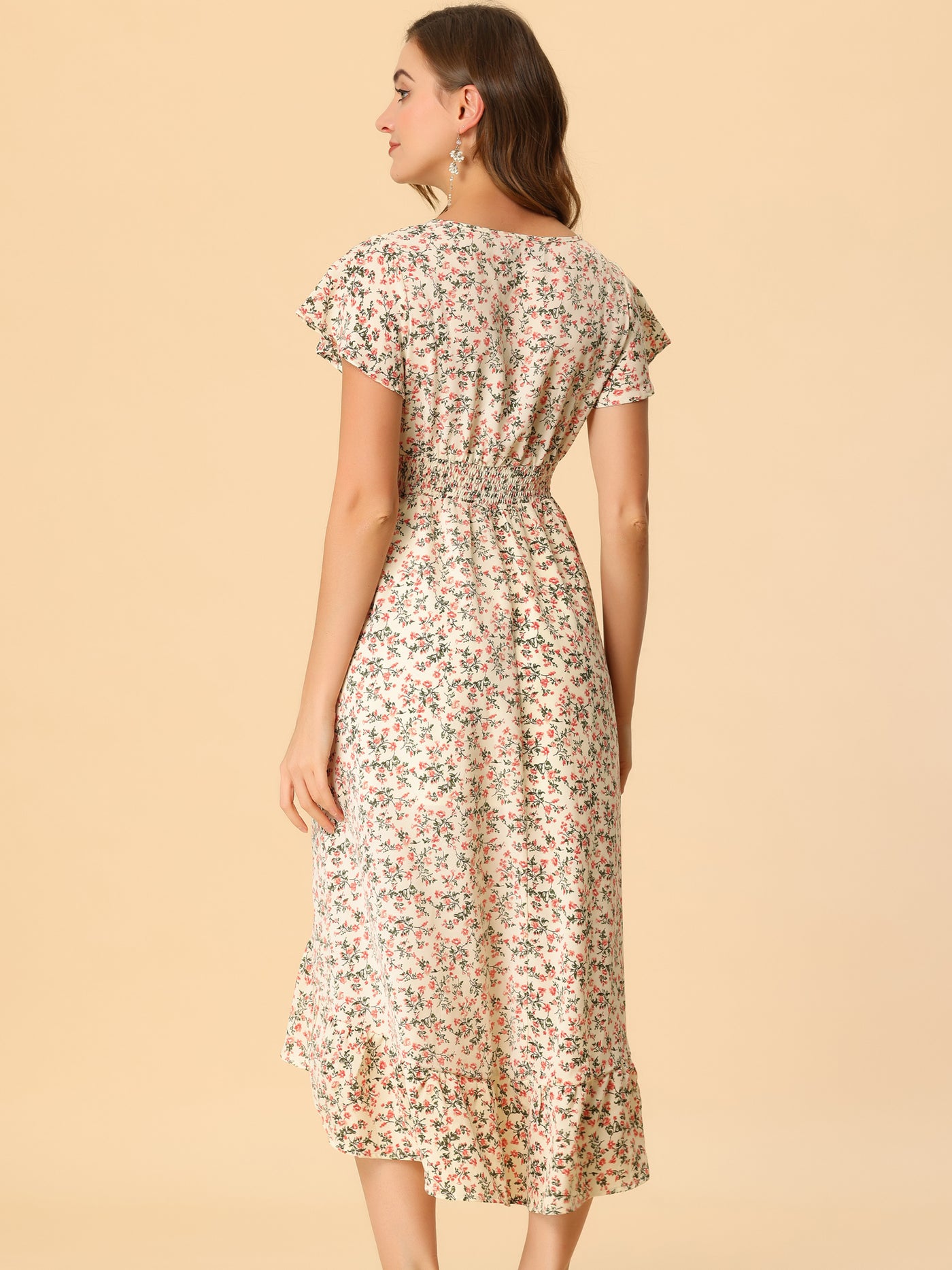 Allegra K Smocked Floral High Low Summer Maxi Dress