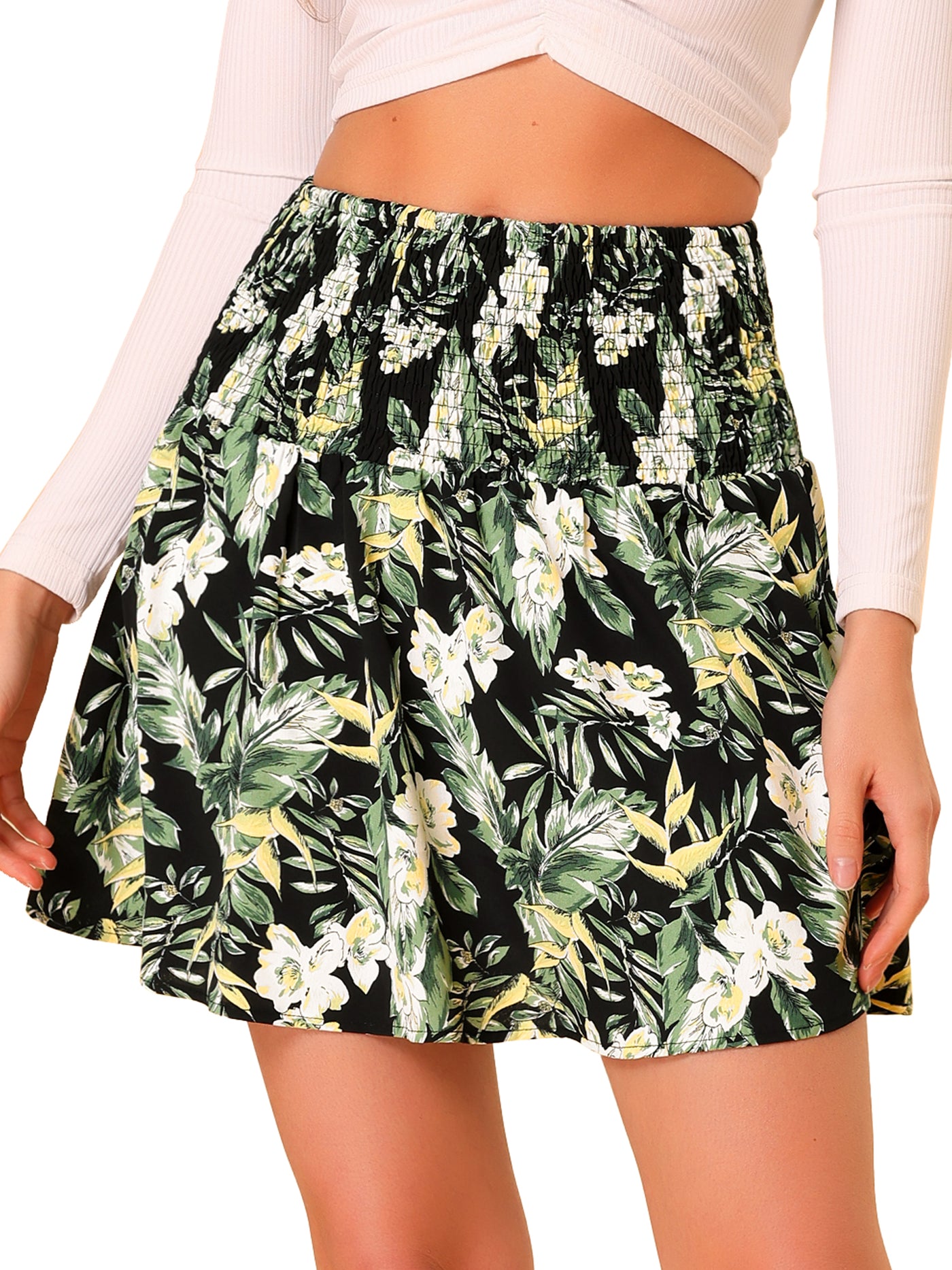 Allegra K Floral Skirt Smocked Waist Summer Hawaiian Tropical Mini Skirt
